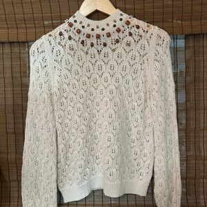 Sezane Cream Cowl Sweater with Beaded Neck